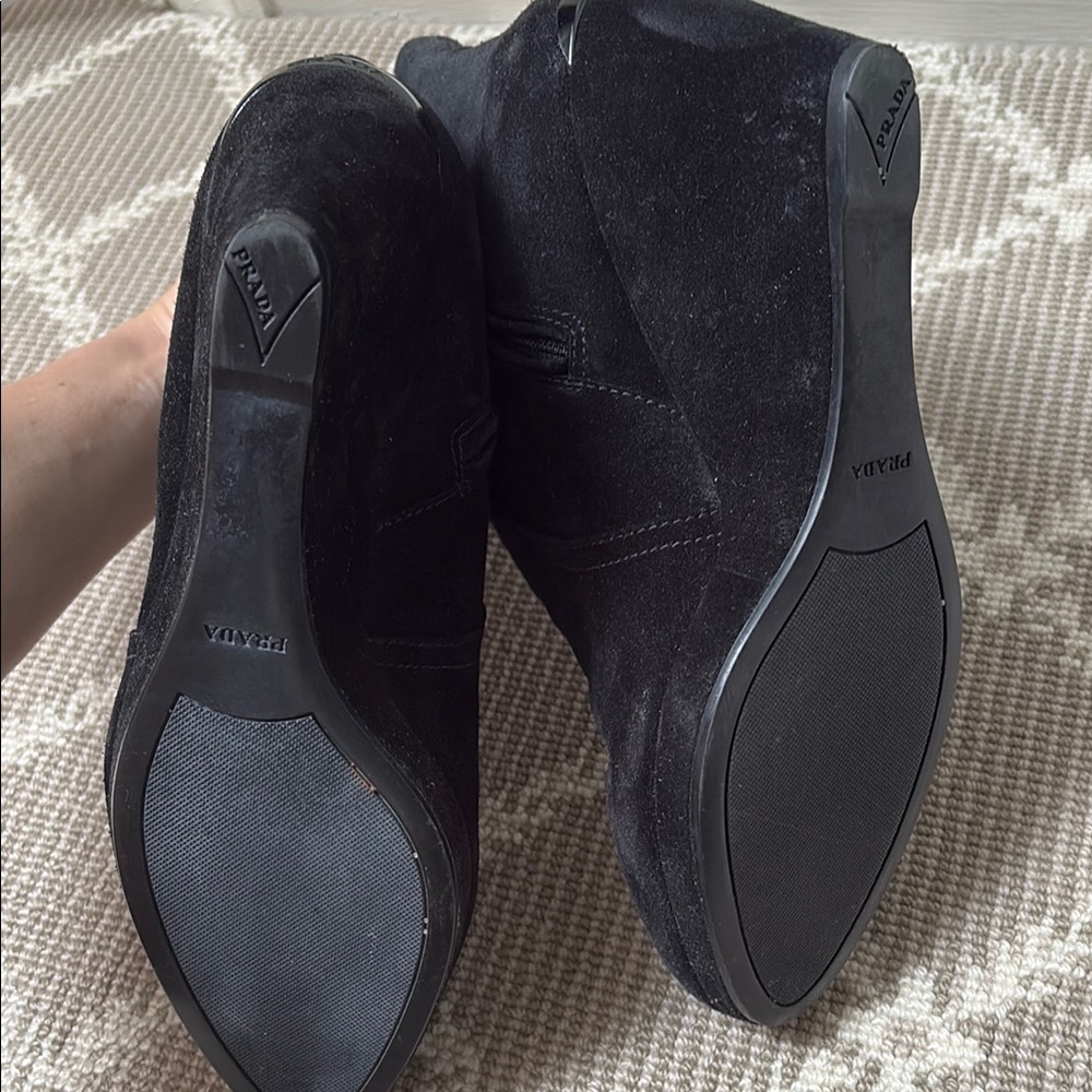 Prada Black Suede Wedge Ankle Boots - Picture 3 of 6
